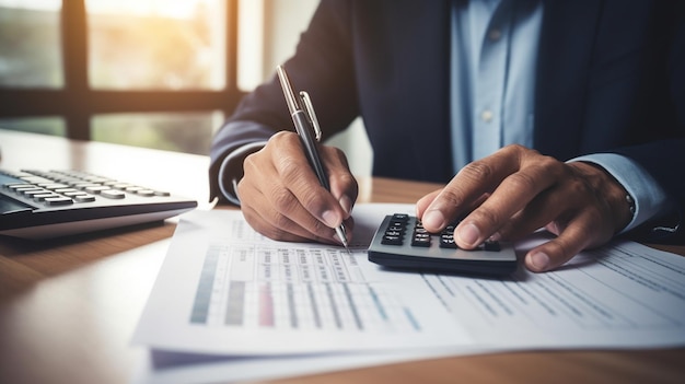 " Homme d'affaires " " Mains avec la calculatrice et les coûts au bureau "