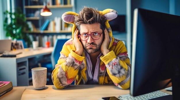 Homme d'affaires à la maison en pyjama drôle avec une expression réfléchie sur son visage travaillant à distance dans