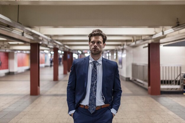 Homme d'affaires marchant dans la station de métro avec les mains dans les poches