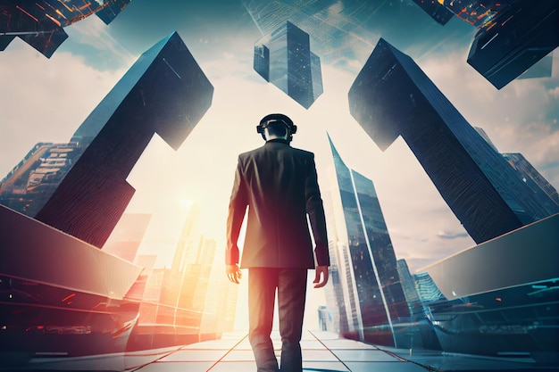 Homme d'affaires marchant sur la plate-forme de réalité virtuelle à l'IA futuriste et générative