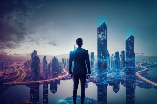 Homme d'affaires marchant sur une plate-forme de réalité virtuelle vers une ville intelligente futuriste