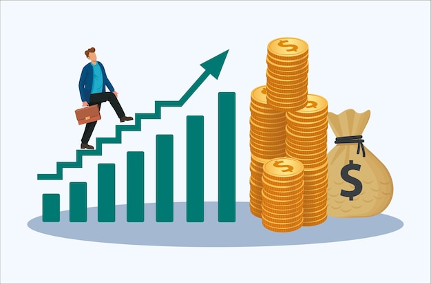 Homme d'affaires marche sur augmenter diagramme graphique escalier icône illustration vectorielle