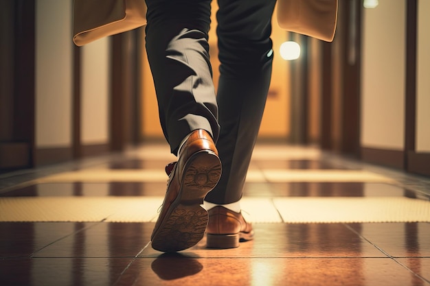 Un homme d'affaires marche dans le couloir marron du bureau