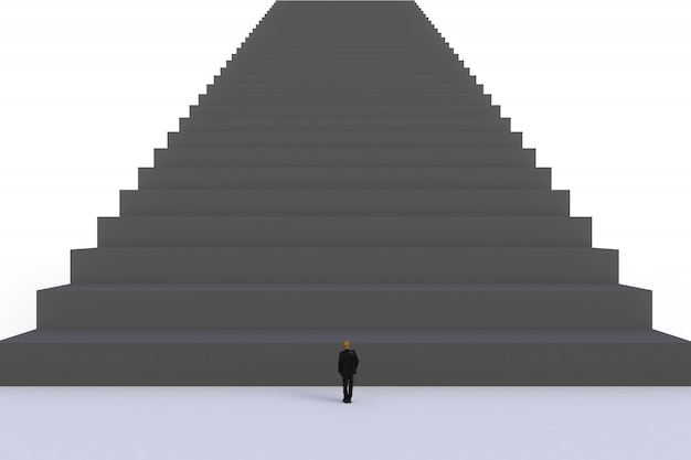 homme d'affaires miniature debout devant un escalier noir