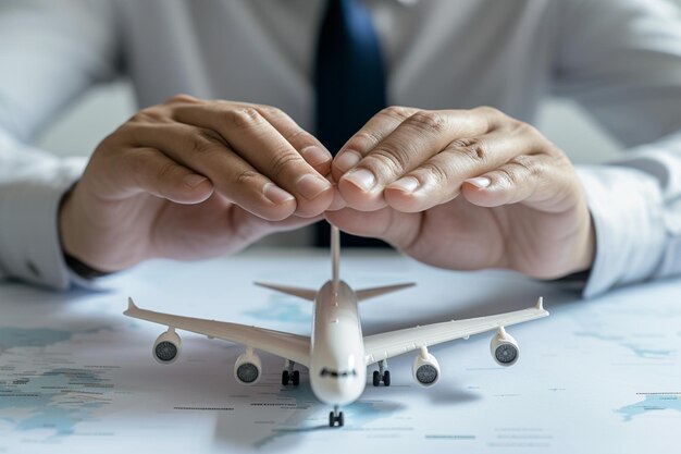 Un homme d'affaires avec un modèle d'avion, un symbole d'assurance voyage, un arrière-plan de style bokeh.