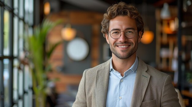 Homme d'affaires moderne debout tenant un ordinateur portable et souriant à la caméra avec une expression heureuse isolée sur