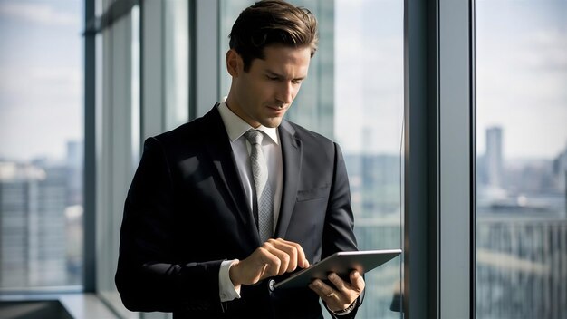 Homme d'affaires moderne en tenue formelle utilisant une tablette numérique alors qu'il se tient près de la fenêtre dans le bureau