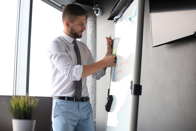 Un homme d'affaires moderne utilise un tableau à feuilles mobiles au bureau.