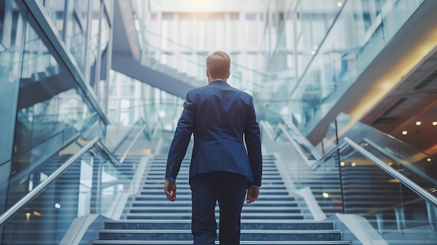 Un homme d'affaires monte les escaliers d'un immeuble de bureaux moderne.