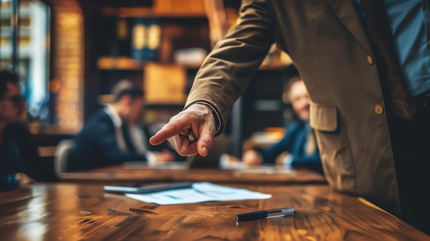 Photo un homme d'affaires montrant du doigt la table pendant une réunion.