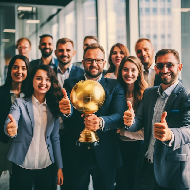 Homme d'affaires montre le pouce en l'air avec la récompense du trophée vainqueur champion et réussi pour les affaires