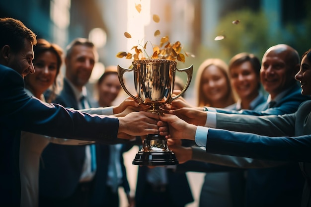 Un homme d'affaires montre son pouce en l'air avec le champion gagnant du trophée et le succès des affaires