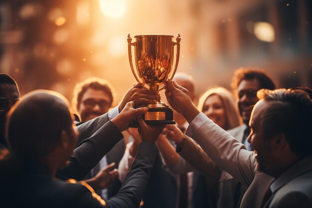 Un homme d'affaires montre son pouce en l'air avec le champion gagnant du trophée et le succès des affaires