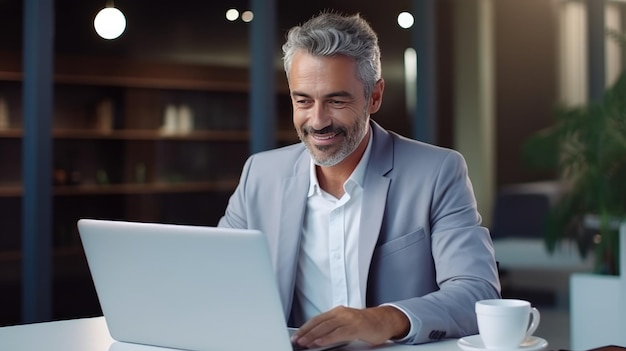 Un homme d'affaires mûr et souriant travaillant sur un ordinateur portable au bureau.