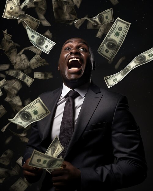 Un homme d'affaires noir drôle qui crie avec de l'argent.