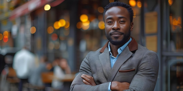 Un homme d'affaires noir à succès dépeignant la confiance et l'ambition dans un cadre urbain Concept de séance photo urbaine Portraits professionnels de confiance et d'ambition d'un entrepreneur noir