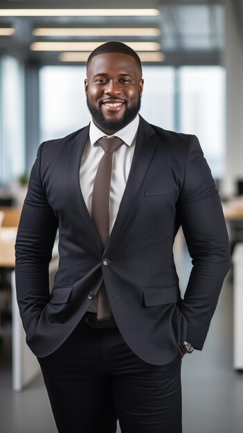 Photo un homme d'affaires noir de taille plus en costume d'affaires souriant au bureau.