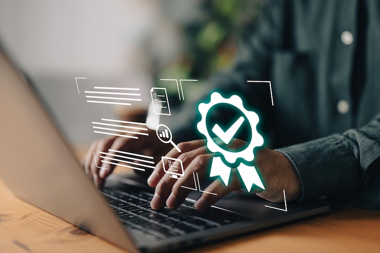 Photo l'homme d'affaires opère en mettant l'accent sur l'assurance qualité, la certification et la normalisation iso, démontrant son engagement à fournir des services de premier ordre soutenus par des preuves fiables.