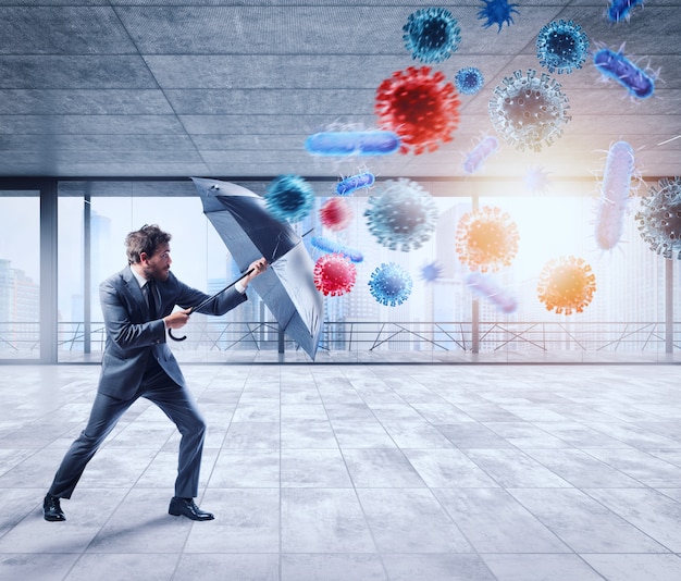 Homme D'affaires Avec Parapluie Se Couvre De Bactéries