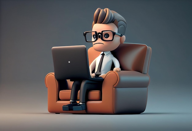 Homme d'affaires de personnage de dessin animé assis sur une chaise avec illustration 3d pour ordinateur portable Générer Ai