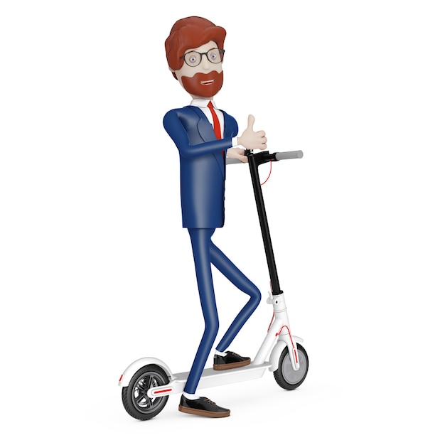 Homme d'affaires de personnage de dessin animé avec un scooter électrique Eco moderne blanc sur fond blanc. Rendu 3D