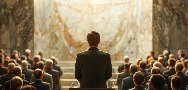 un homme d'affaires sur un podium qui lit la Bible devant beaucoup de gens