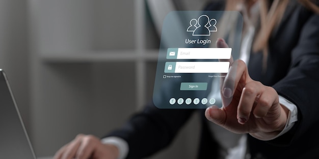Homme d'affaires pointant un formulaire de connexion concept de marketing numérique et de sécurité Internet