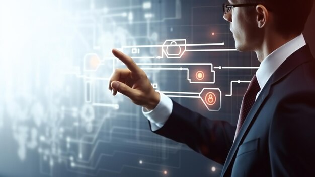 homme d'affaires pointant sur sa présentation sur le futuriste