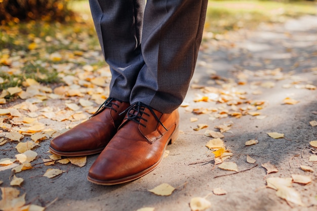 Homme D'affaires Portant Des Chaussures En Automne Parc. Chaussures Classiques En Cuir Marron. Gros Plan Des Jambes