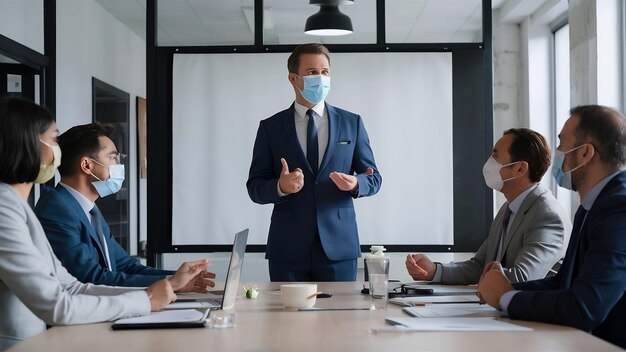 Photo homme d'affaires portant un masque facial lors d'une présentation dans la salle de réunion