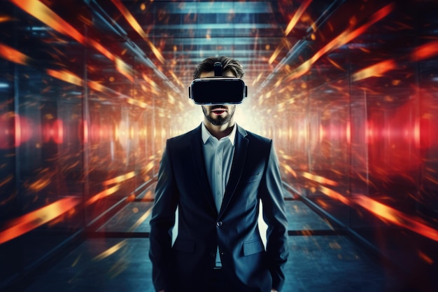 Photo un homme d'affaires portant une réalité virtuelle avec un transfert numérique de grandes données du cerveau à un logiciel buzzing montrant une technologie futuriste générative d'images d'ia