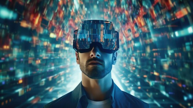 Un homme d'affaires portant une réalité virtuelle avec un transfert numérique de grandes données du cerveau à un logiciel buzzing montrant une technologie futuriste générative d'images d'IA