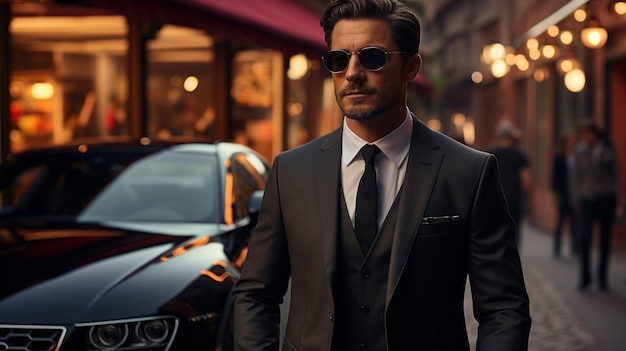 Homme d'affaires posant devant sa voiture de luxe