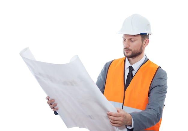 Homme d'affaires professionnel de la construction avec ses plans