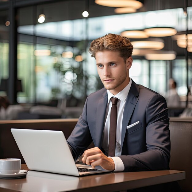 Un homme d'affaires professionnel en costume et cravate travaillant sur un ordinateur portable