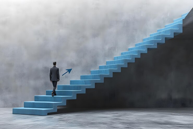 Photo un homme d'affaires professionnel marche avec confiance sur un magnifique escalier bleu pour les entreprises et le marketing
