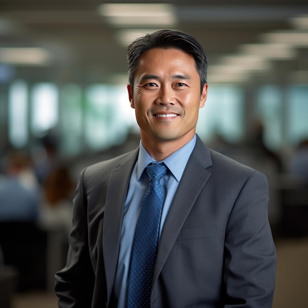 Un homme d'affaires professionnel mature asiatique debout dans un bureau souriant avec confiance.