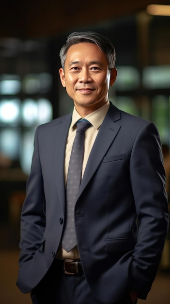 Photo un homme d'affaires professionnel mature asiatique debout dans un bureau souriant avec confiance.