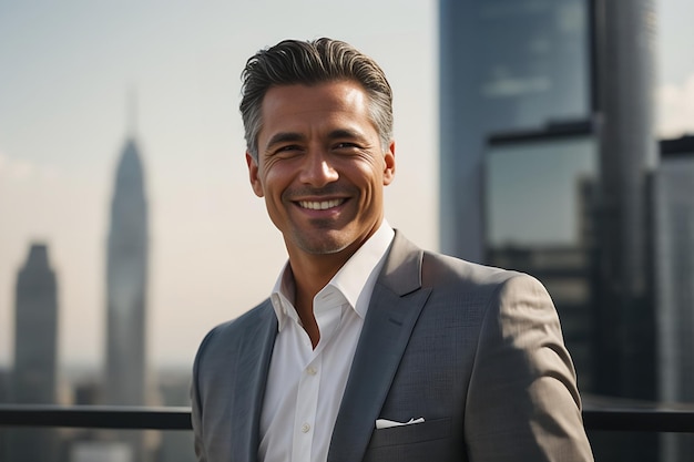 Un homme d'affaires professionnel souriant en costume noir au sommet du bâtiment de la ville.