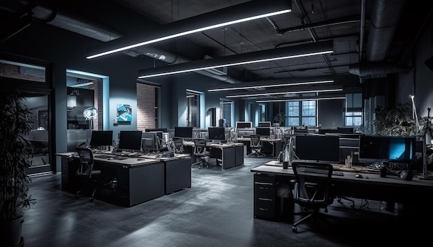Un homme d'affaires professionnel travaillant sur un ordinateur futuriste dans un bureau moderne généré par l'intelligence artificielle