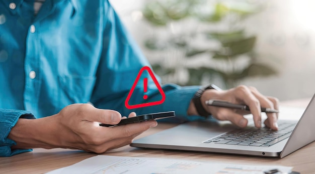 Homme d'affaires ou programmeur utilisant un ordinateur portable avec un panneau d'avertissement triangle rouge Pour les alertes d'erreur et le concept de maintenance des informations sur les virus
