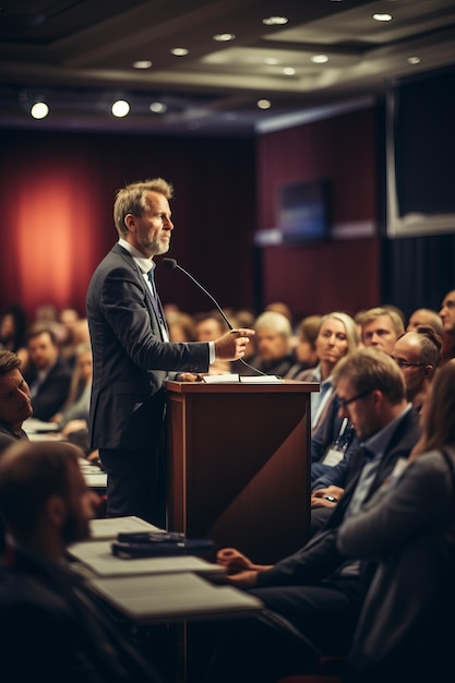 Un homme d'affaires prononce un discours lors d'une conférence