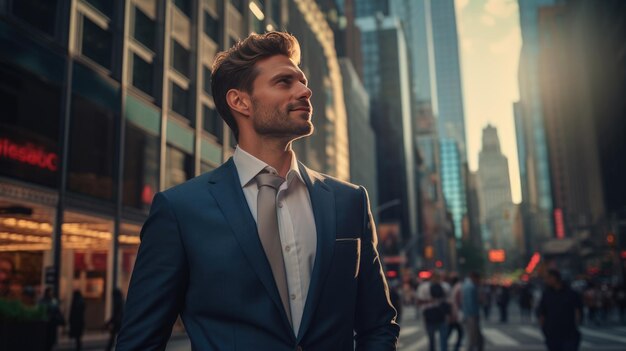 Un homme d'affaires prospère en costume se tient dans une rue de la ville sur fond de quartier d'affaires avec des gratte-ciel