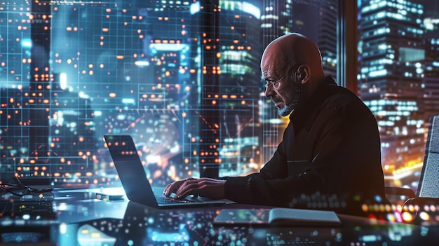 Homme d'affaires prospère regardant par la fenêtre en fin de soirée Bureau moderne de fonds de couverture avec ordinateur avec poste de travail multi-moniteur avec des stocks en temps réel des marchandises et des graphiques du marché boursier