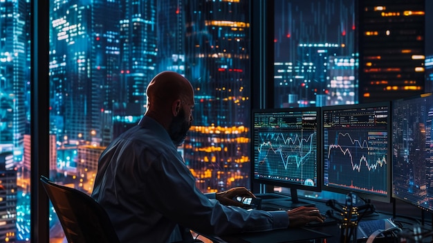 Homme d'affaires prospère regardant par la fenêtre en fin de soirée Bureau moderne de fonds de couverture avec ordinateur avec poste de travail multi-moniteur avec des stocks en temps réel des marchandises et des graphiques du marché boursier