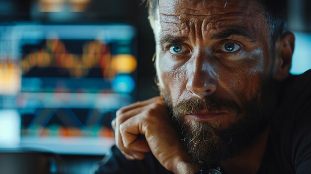 Homme d'affaires prospère regardant par la fenêtre en fin de soirée Bureau moderne de fonds de couverture avec ordinateur avec poste de travail multi-moniteur avec des stocks en temps réel des marchandises et des graphiques du marché boursier