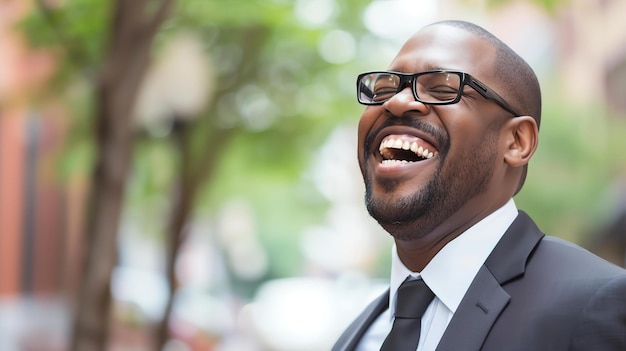 Photo un homme d'affaires prospère riant chaleureusement à l'extérieur