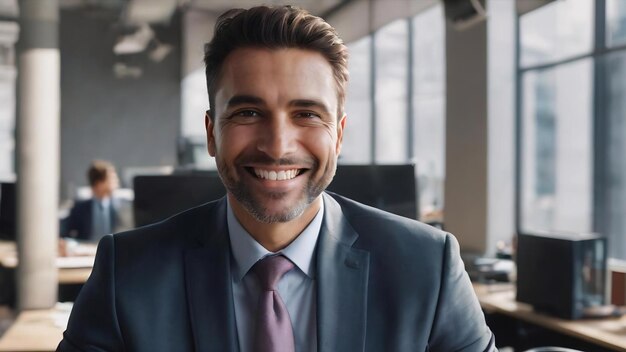 Un homme d'affaires prospère souriant au bureau.