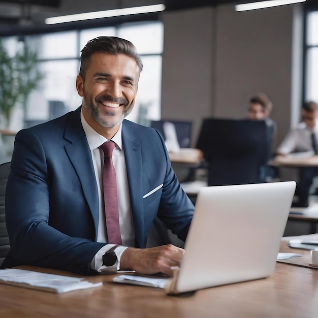 Un homme d'affaires prospère souriant au bureau.