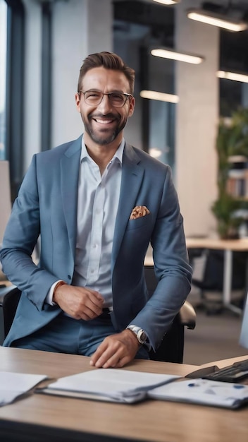Un homme d'affaires prospère souriant dans un bureau moderne